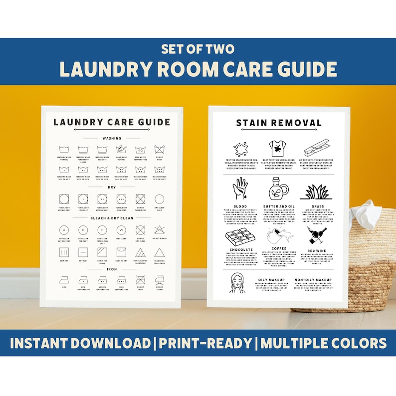 Set of 2 Laundry Room Care Guide | Laundry Symbols | Stain Removal ...