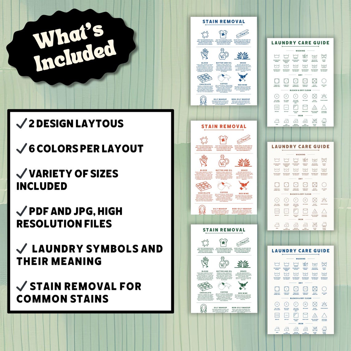 Set of 2 Laundry Room Care Guide | Laundry Symbols | Stain Removal ...