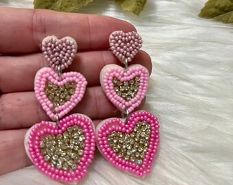 Sweetheart Pink Triple Heart Dangle Earrings