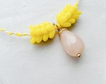 Delicate Yellow and Pink Necklace - Opal & Glass