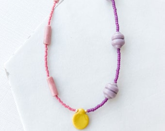 Delicate Glass and Gemstone Necklace - Pink, Purple, Yellow