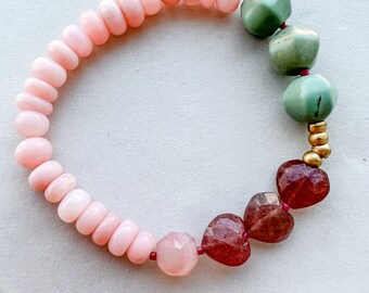 Pink Opal, Turquoise and Strawberry Quartz Heart Bracelet