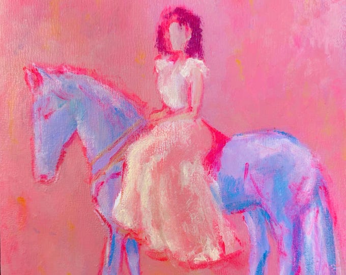Featured listing image: Pink Horse Art Print, Woman on Horse Painting, Colorful Equestrian Wall Art, Feminine Giclée Print