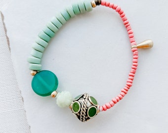 Green Java Glass, Stretch Boho Bracelet