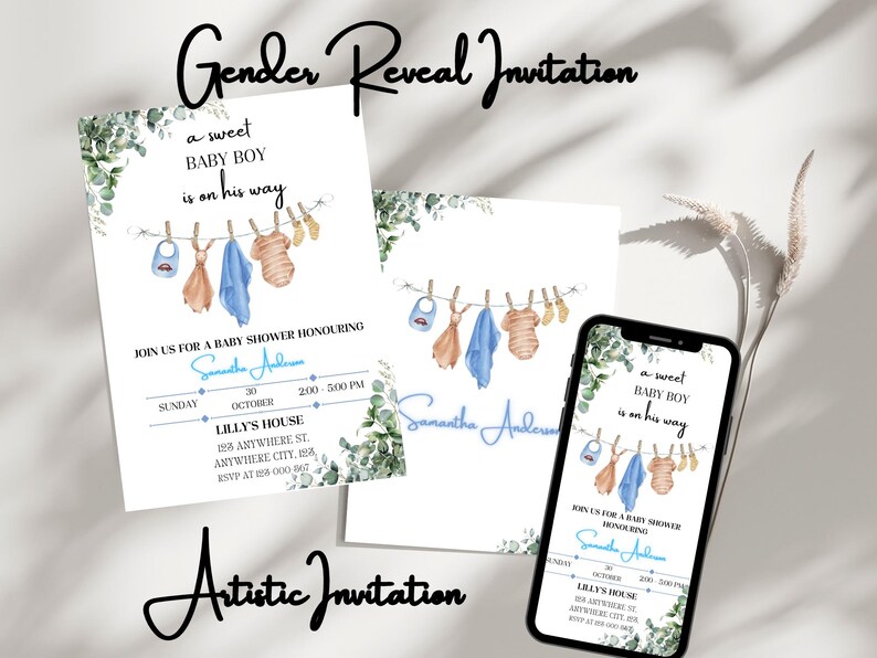 Editable Baby Boy Shower Invitation Template, Baby Clothes Invite, A