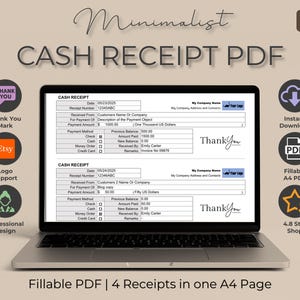 Printable & Fillable Cash Receipt PDF | 4 Per A4 Page | Add Logo | Simple and Professional Design