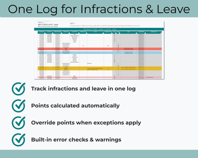 Employee Infraction Example Employee Infraction & Leave Tracker Excel | HR Attendance Points System ...