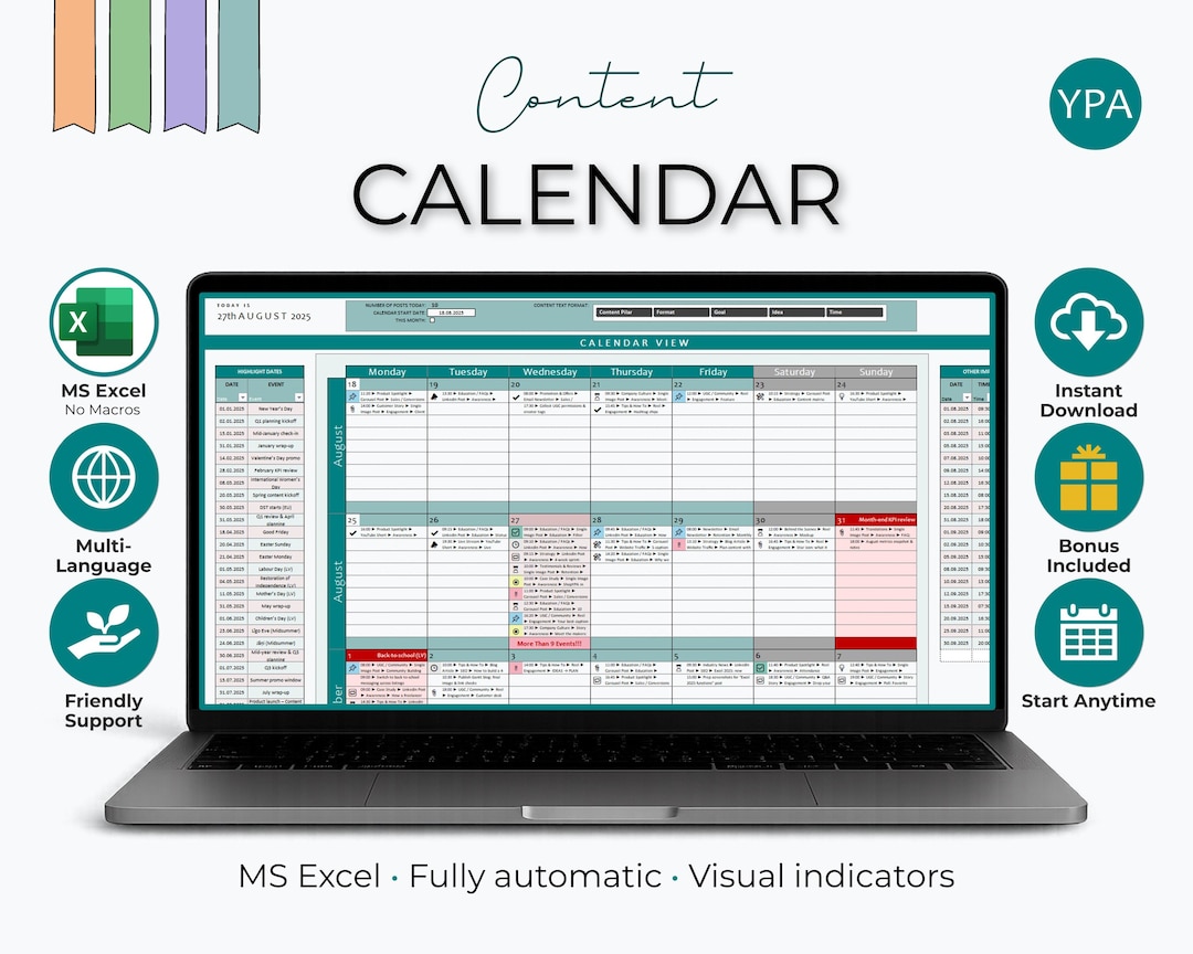 Social Media Content Calendar Excel Template | Editorial & Marketing ...