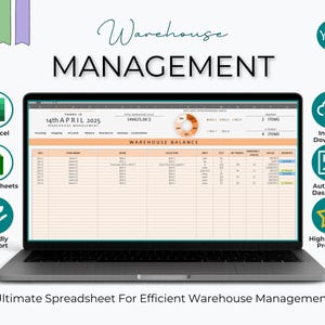 May include: A laptop displaying a spreadsheet titled "Warehouse Management." The screen shows data organized in rows and columns, with the text "Warehouse Balance" at the top. Icons for MS Excel, Google Sheets, and other features are visible.