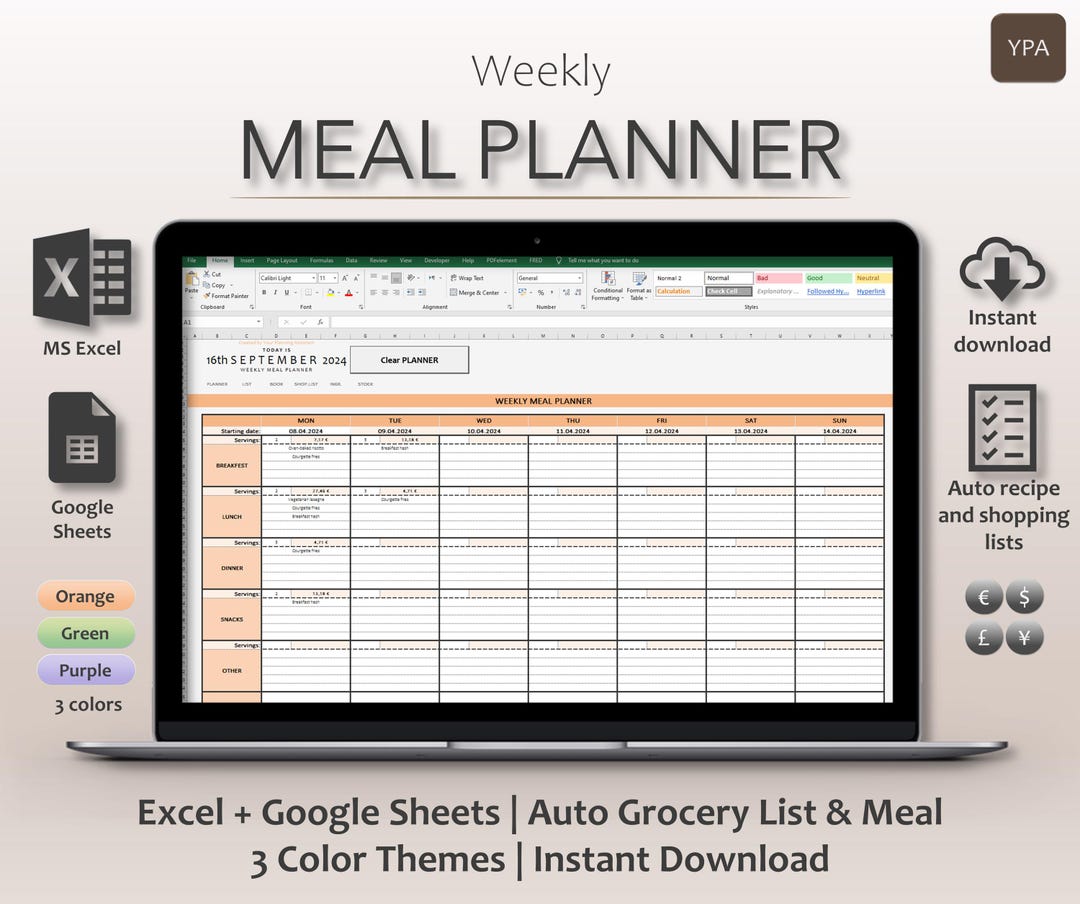 Weekly Meal Planner Spreadsheet | Meal Prep Template Excel & Google ...