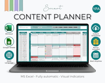 Könnte beinhalten: Ein Laptop mit einer "Content Planner" Kalenderansicht. Der Bildschirm zeigt ein Raster mit Daten und Einträgen. Symbole für MS Excel, Google Sheets und Mehrsprachigkeit sind sichtbar. Zusätzliche Symbole zeigen Sofort-Download, Bonus inklusive und jederzeit starten.