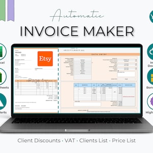 May include: A laptop displaying an invoice template with the text "Automatic Invoice Maker." The screen shows an Etsy logo and data entry fields. Icons for MS Excel, Google Sheets, and error alerts are visible.