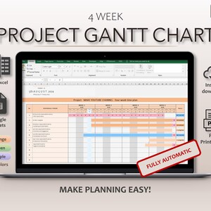 Gantt-diagramsjabloon van 4 weken (Excel + Google Spreadsheets) | Kleurgecodeerde projectplanner-spreadsheet | Automatische tijdlijn en taaktracker