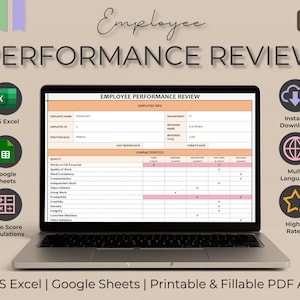 Employee Performance Review - Excel & Google Sheets | Auto-Scoring 5-Point Scale | Translatable | Printable and Fillable PDF