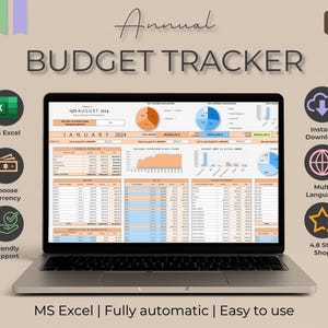 May include: A laptop screen showing an annual budget tracker spreadsheet. The display features financial data in charts and tables. Text on the screen includes "January 2024" and "MS Excel". Icons indicate instant download and multi-language support.