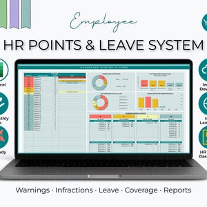 May include: A laptop displaying an HR Points & Leave System dashboard. The screen shows charts and data tables. Icons indicate features like MS Excel compatibility, instant download, and multi-language support. Text includes "Warnings, Infractions, Leave, Coverage, Reports."
