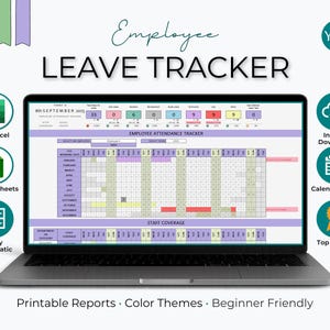 May include: A laptop displays an "Employee Leave Tracker" spreadsheet. The screen shows a grid for tracking employee attendance, with the date "8th September 2025" visible. Icons for MS Excel, Google Sheets, and "Fully Automatic" are also present. The text "Printable Reports, Color Themes, Beginner Friendly" is at the bottom.