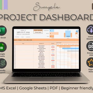 May include: A laptop displays a project dashboard template. The screen shows a table with project tasks, assigned individuals, and progress indicators. The image includes icons for MS Excel, Google Sheets, PDF, and friendly support. Text on the screen reads "Project Dashboard."