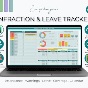 Op de afbeelding: Een laptop met een "INFRACTION & LEAVE TRACKER" dashboard. Het scherm toont grafieken en tabellen met de tekst "Attendance, Warnings, Leave, Coverage, Calendar". Pictogrammen voor MS Excel, direct downloaden en meertaligheid.