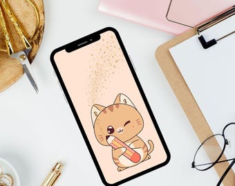 10 lindos fondos de pantalla de gatos para celular, fondo de pantalla para amantes de los gatos, fondo de pantalla de gato kawaii, fondo de pantalla de teléfono pastel, fondo de pantalla digital de gato lindo