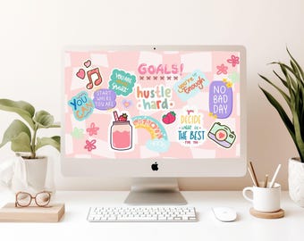 May include: A computer monitor with a pink background and colorful stickers with motivational quotes like "You Can", "Goals", "Hustle Hard", "You're Enough", and "No Bad Day".
