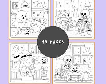Spooky cosy coloring book, adorable bookish Halloween coloring book, cosy spooky creatures in hygge moments, teen and adult coloring bundle