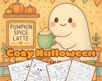 cosy Halloween coloring book, adorable bookish Halloween coloring book, cosy spooky creatures in hygge moments, teen and adult coloring