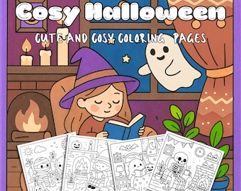 May include: A "Cosy Halloween" coloring book cover with a cartoon illustration. The image features a girl in a witch hat reading, a ghost, and several coloring pages with Halloween themes. Text on the cover reads "Cute and Cosy Coloring Pages."