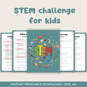 May include: A teal printable STEM challenge for children, featuring a colourful design with the word "STEM" and various science-related illustrations. The image includes several pages with instructions and challenge questions. The text "INSTANT PRINTABLE DOWNLOAD - PDF, A4" is also visible.