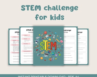 May include: A teal printable STEM challenge for kids, featuring a colorful design with the word "STEM" and various science-related illustrations. The image includes several pages with instructions and challenge questions. The text "INSTANT PRINTABLE DOWNLOAD - PDF, A4" is also visible.