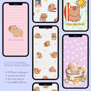 Set of 5 capybara iPhone wallpaper y2k iPhone wallpaper background cute phone wallpaper coquette lock screen  cottagecore iPhone wallpaper