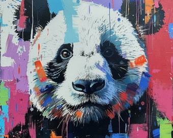 Heller mehrfarbiger Kunstdruck mit Panda-Tier. AI-Bild digital herunterladen. Ideales Wandbild für Wohnzimmer oder Büro