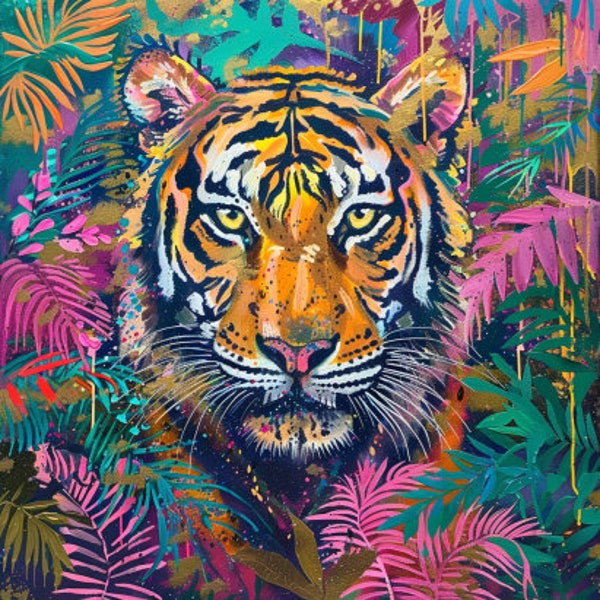 Tiger in colourful jungle art print.  Digital download animal AI image. Decorating ideas and tips.