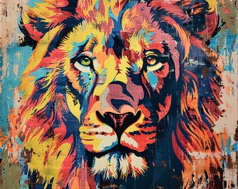 Löwe-Tier-Kunstdruck in leuchtenden Farben. AI-Bild digital herunterladen. Ideales Wandbild für Wohnzimmer oder Büro