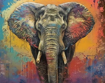 Elefant Tier Kunstdruck bunt. Digitaler Download AI Bild. Ideales Wandbild für Wohnzimmer oder Büro