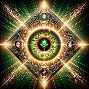 Może przedstawiać: Geometriczny wzór w kolorze zielonym i złotym z błyszczącym okiem w środku. Oko ma zieloną roślinę, która z niego wyrasta. Wzór jest otoczony diamentową ramą z czterema klejnotami w rogach.