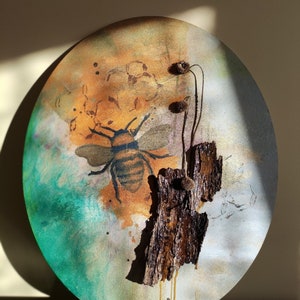 Scented Wall Decor "HONEY BEE" Painting With Acrylic Paints, Bark, Plants, Real Honey, Epoxy, And Honey Flowers Essential Oil 50x60cm