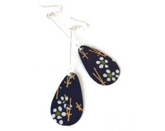 Prairie Land on Navy Blue Earrings- Yuzen Paper On Turquoise Patina Metal or Wood Disk