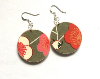 Grey with Red Flowers, Earrings,Japanese Yuzen Chiyogami , Japanese Paper Earrings, On Turquoise Patina Metal or Wood Disk