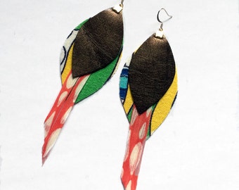 Colorful Fabric Bird Feather Earrings -Statement earrings// Boho Earrings