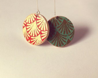 Indonesian Mountain Peak In Red or Sea Foam Earrings-  Yuzen Paper On Turquoise Patina Metal or Wood Disk