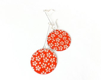 Orange and white Flower Earrings - Yuzen Paper On Turquoise Patina Metal or Wood Disk