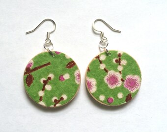 Green Garden Earrings-Yuzen Chiyogami , Japanese Paper Earrings, On Turquoise Patina Metal or Wood Disk