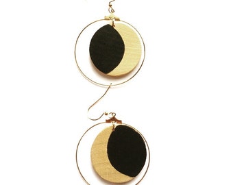 Crescent Moon Earrings/ Bohemian Jewelry/ Moon Earrings/ Hoop Earrings/ Gold hoops/ Witchy Jewelry/ Wooden Earrings