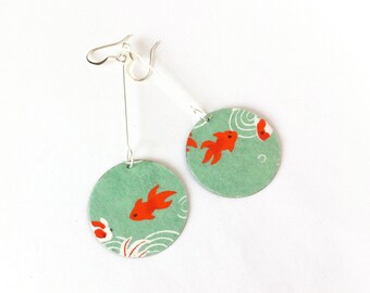 Koi on Sea Foam Pond - Yuzen Chiyogami , Japanese Paper Earrings, On Turquoise Patina Metal or Wood Disk