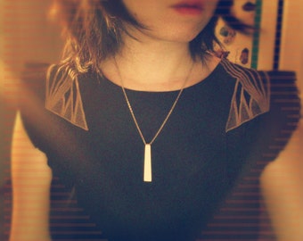 Falling Rain drops on Tapered Rectangle Brass Pendant on Silver Chain// Necklace