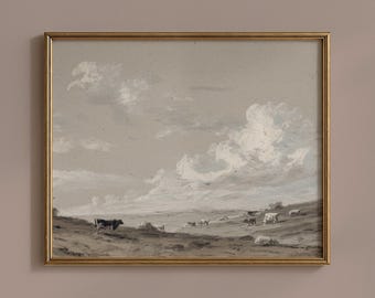 DIGITAAL | Vintage grazende koeien kunstprint, rustiek boerderijdecor #02