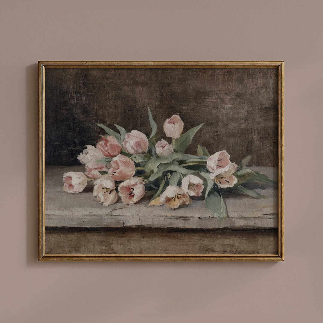 Vintage Tulip Wall Art Print, Moody Floral Still Life, Botanical Decor ...