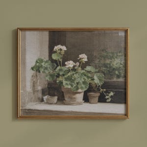 DIGITALE / Stampa di gerani in un vaso di fiori su un davanzale, decorazione cottagecore #91