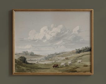 DIGITAAL | Vintage landschapsprint koeienweide, rustieke boerderij muurkunst #03